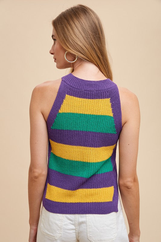 Mardi Gras Striped Halter Neck Sweater Tank Top