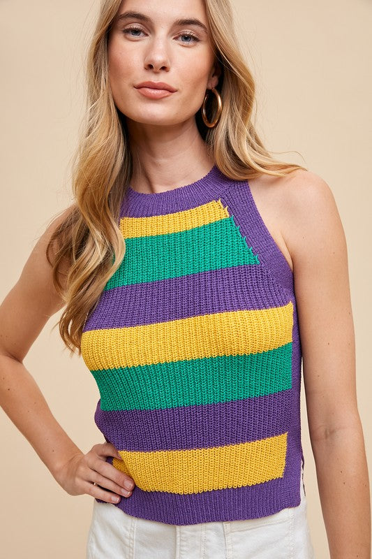 Mardi Gras Striped Halter Neck Sweater Tank Top